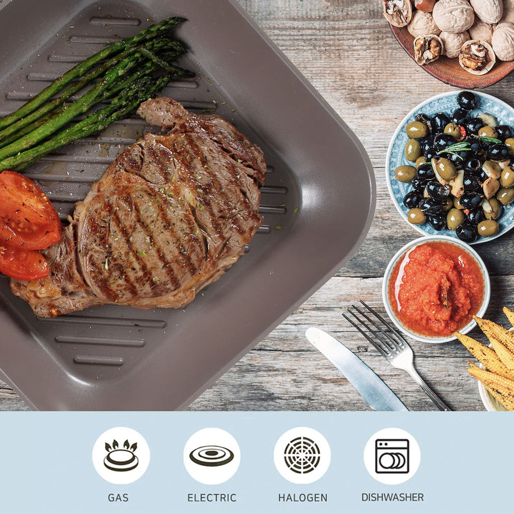 Neoflam Eela 11'' Non Stick Grill Pan Griddle Square Stovetop Grill with Sear Ridges, PFOA Free Ecolon Ceramic Coating for Skillet, broil, Fish, Vegetables and Meat, Scratch Resistant, Blue