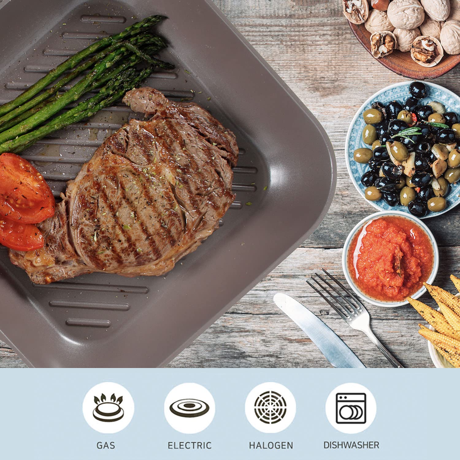 Neoflam Eela 11'' Non Stick Grill Pan Griddle Square Stovetop Grill with Sear Ridges, PFOA Free Ecolon Ceramic Coating for Skillet, broil, Fish, Vegetables and Meat, Scratch Resistant, Blue