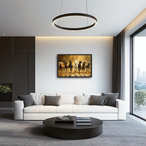 Large Horse Wall Art Lucky 7 Running Horses Painting Wall Decor Golden Canvas Prints Pictures Modern Framed Artwork Home Decoration above Bed for Living Room Dining Room Bedroom Office 36"x24"