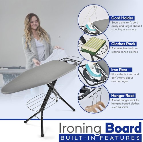 BKTD Extra-Wide Ironing Board - 48"×18" Large Surface with Built-In Clothes Rack & Adjustable Height - Black Grey