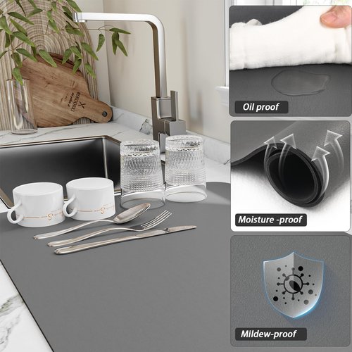 HotLive Dish Drying Mat for Kitchen Counter, Heat Resistant Drainer Mats with Non-slip Rubber Backed, Hide Stain Kitchen Super Absorbent Draining Mat, Easy to Clean Dish Rack Pad, Dark Grey 18"x32"