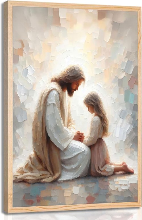 Jesus Wall Art - Christian Spiritual Painting of Jesus Praying with Child | Unframed Religious Decor