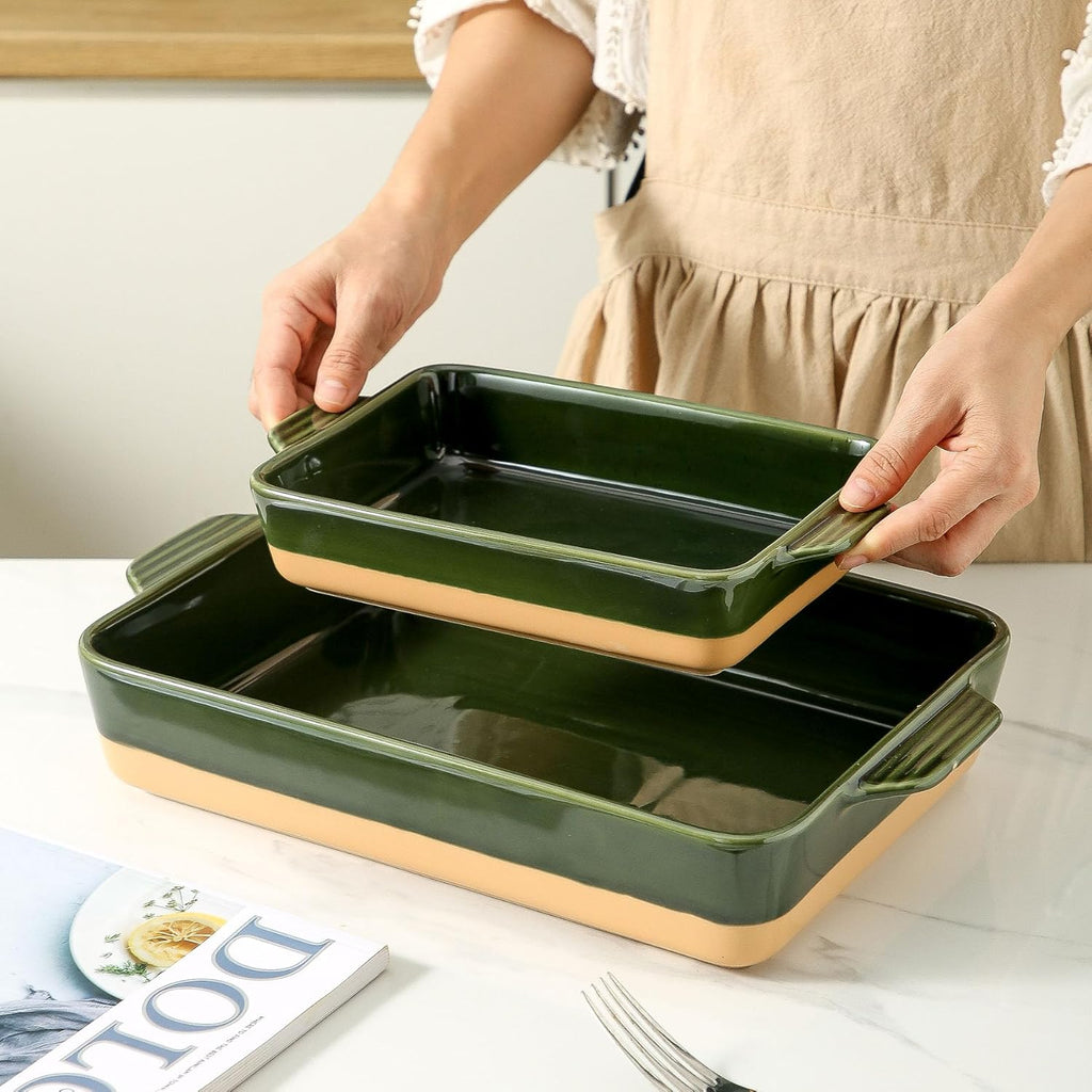 Regine Switzerland Ceramic Baking Casserole Dish - Large 9x13 Inch Porcelain Bakeware Set in Forest Green