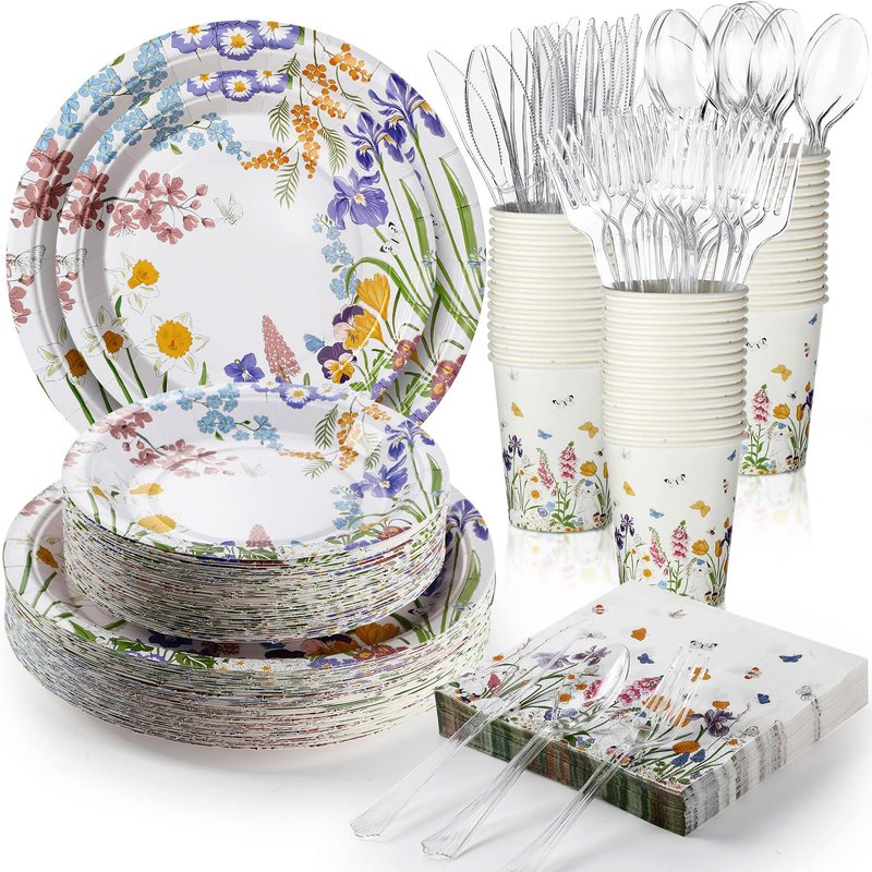 FillTouch 350 Pcs Spring Floral Party Decoration Paper Plates Disposable Tableware Napkins Cups Knives Forks Spoons for 50 Guests Floral Baby Shower Party Tableware for Birthday