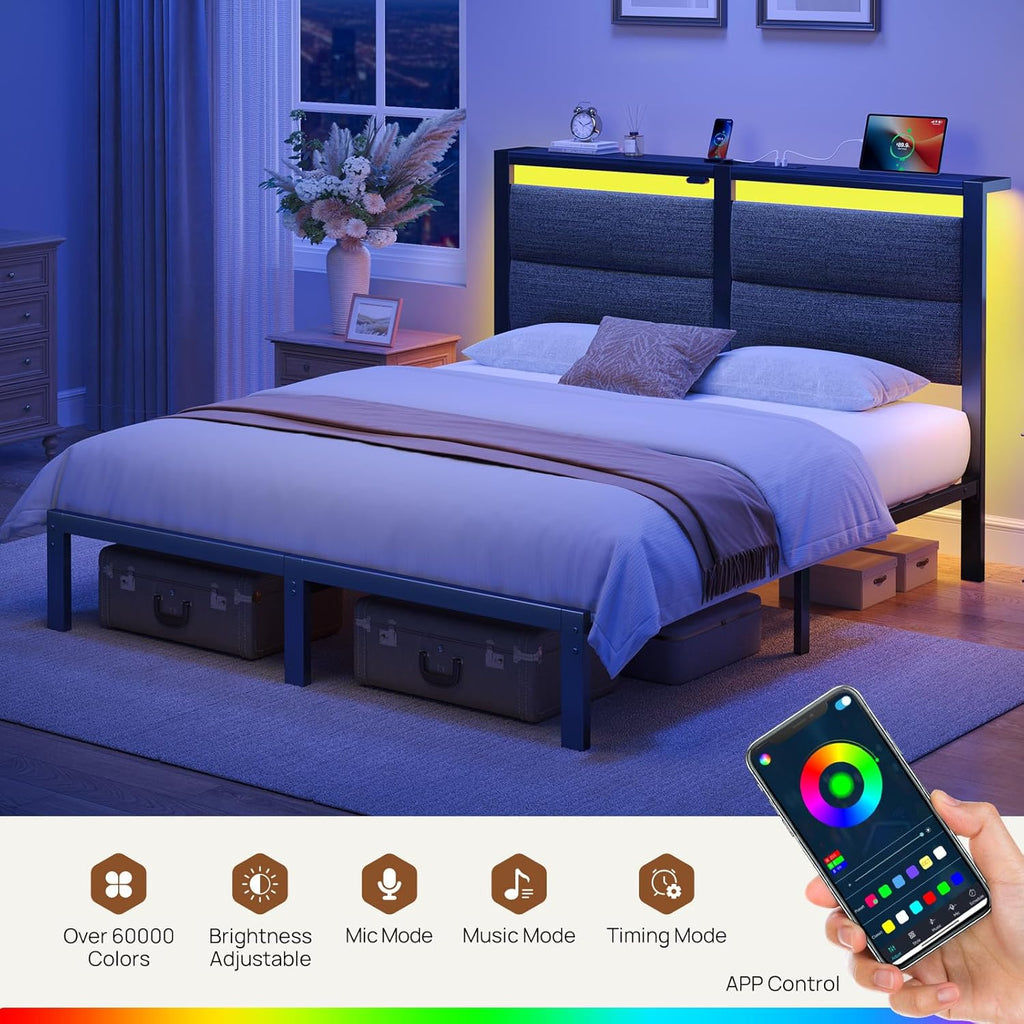 Rolanstar Full Size Bed Frame - LED Upholstered Storage Headboard with Charging Station | Grey, Noise-Free Design