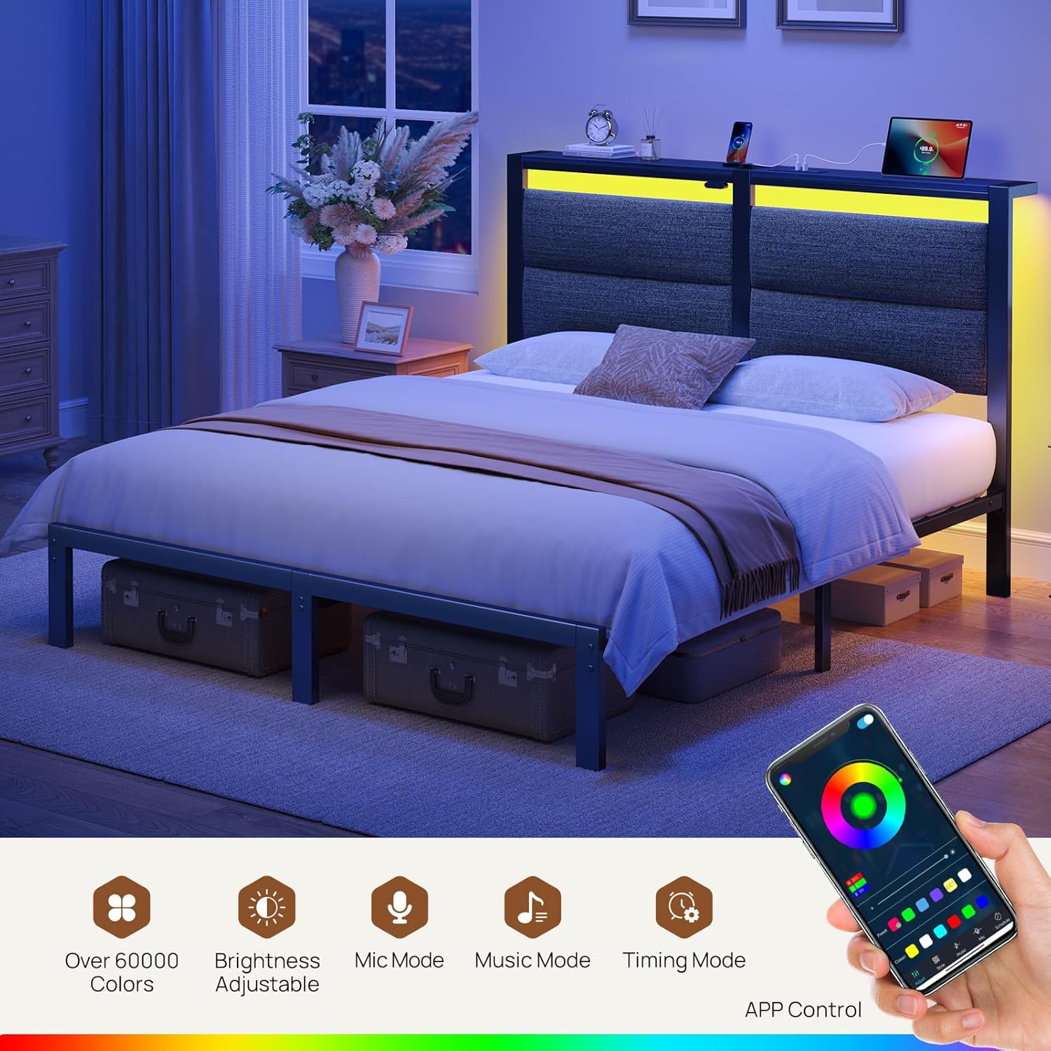 Rolanstar Full Size Bed Frame - LED Upholstered Storage Headboard with Charging Station | Grey, Noise-Free Design