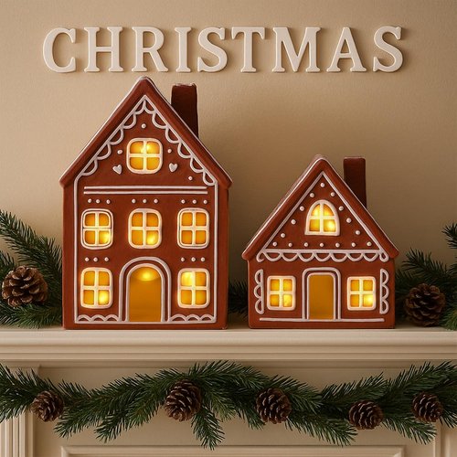 Funnymoom Lighted Ceramic Iced Gingerbread Houses - Pre-Lit LED Christmas Tabletop Decor | 2 Sets