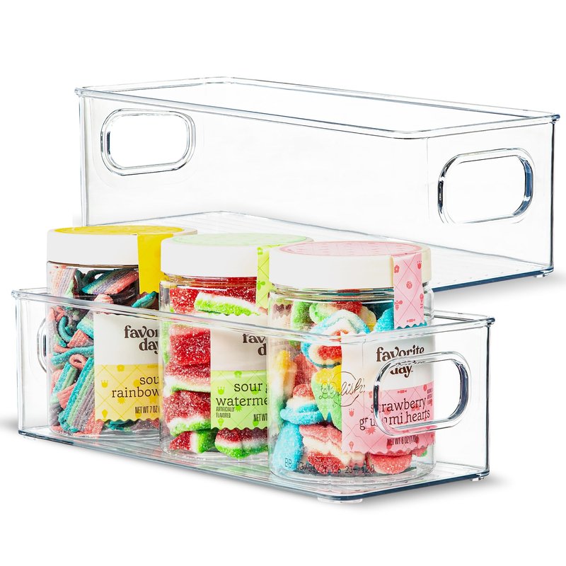 Plastic Food Storage 2 Pack Clear Container Bin with Handles for Organizing Kitchen, Pantry, Refrigerator, Freezer, Pantry, Cabinet, Closet, Bathroom. 14”X4”x4”