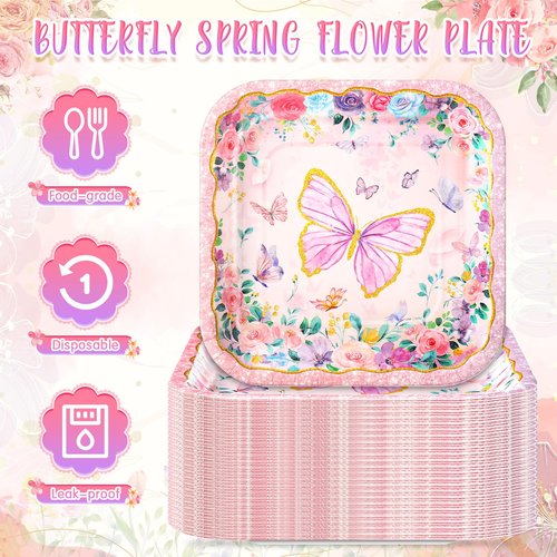 Potchen 100 Pcs Butterfly Dessert Plates Bulk 7 x 7 Inch Disposable Pink Butterfly Paper Plates Square Gold Foil Dessert Plates for Butterfly Spring Party Decor Supplies