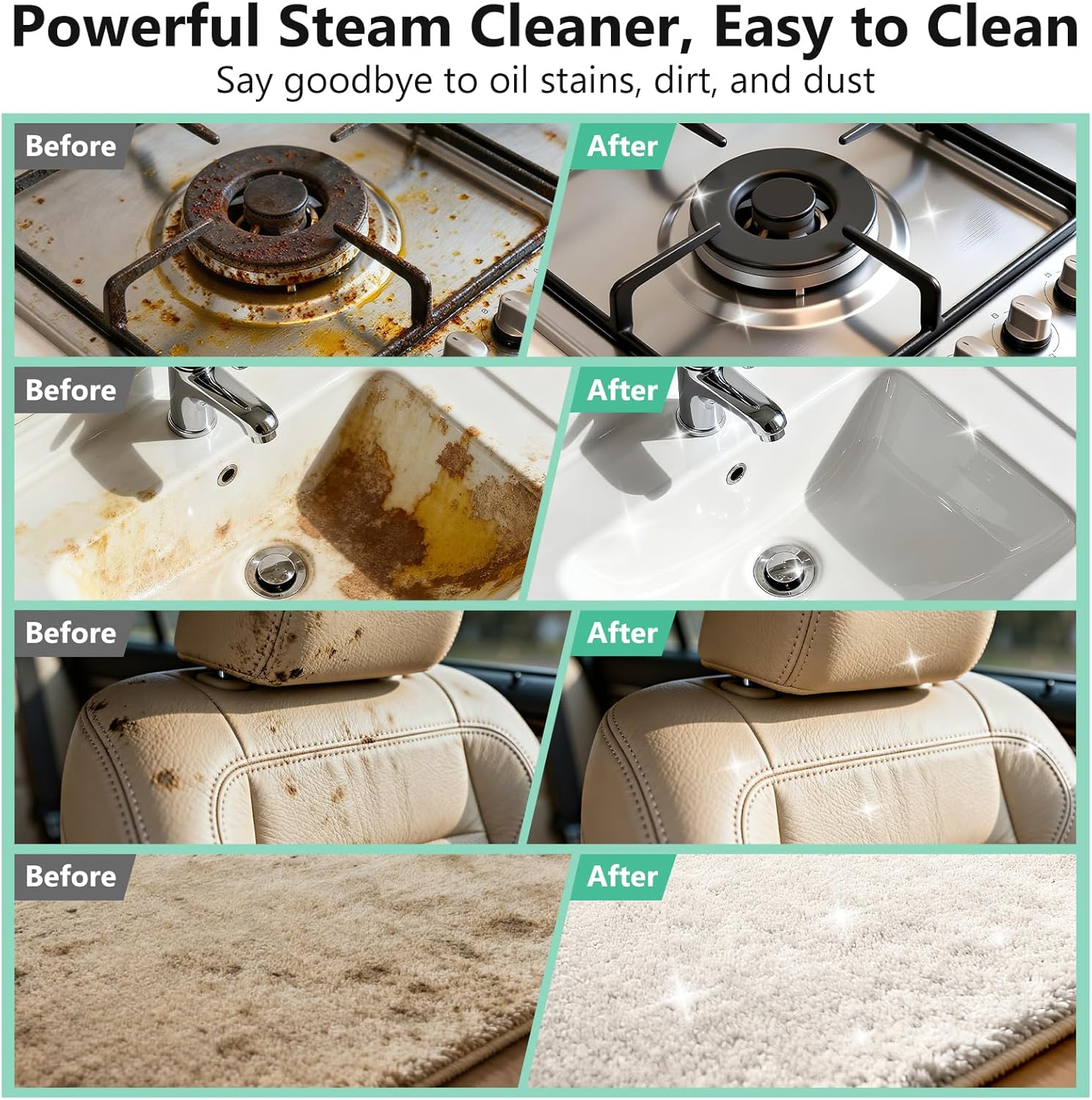 Portable Steam Cleaner by [Brand Name] - 16-Piece Accessory Set | 6-Level Adjustable Heat, Fast 15s Heat-Up for Home & Car Detailing