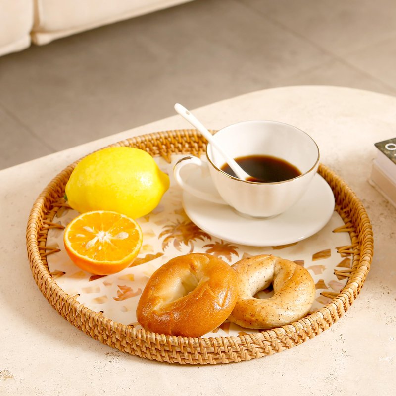 Round Rattan Tray with Mother of Pearl Inlay & Wooden Base - Decorative Wicker Serving Tray for Coffee/Bread/Fruits, Food Storage & Display - Multipurpose Home Decor (L,Island)