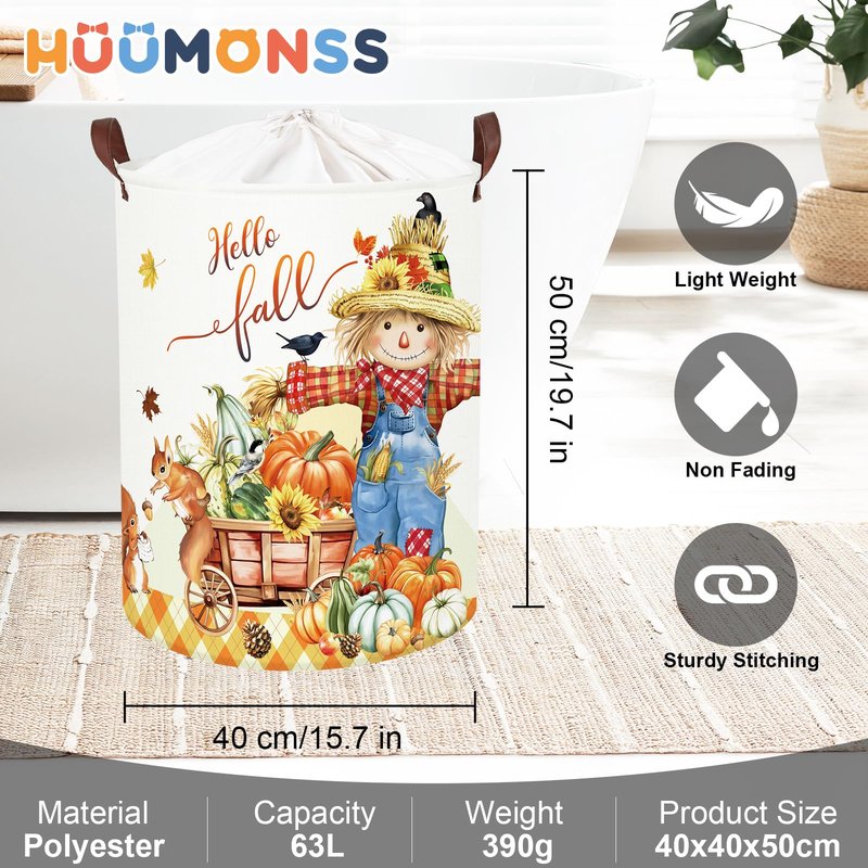 HUUMONSS Happy Thanksgiving Baby Storage Basket Pumpkin Maple Leaf Collapsible Clothes Kids Laundry Hamper Large Boys Girls Gift Toy Box Bin for Nursery Room,Scarecrow,40*50 cm