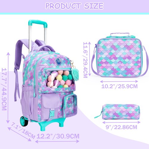 Inprof Girls 3 in 1 Rolling Backpack for School Girls Backpack with Wheels Girls Backpack with Lunch Box Set Kids Suitcase for Girls Elementary School Roller Bookbag Kids Travel bag with Wheels