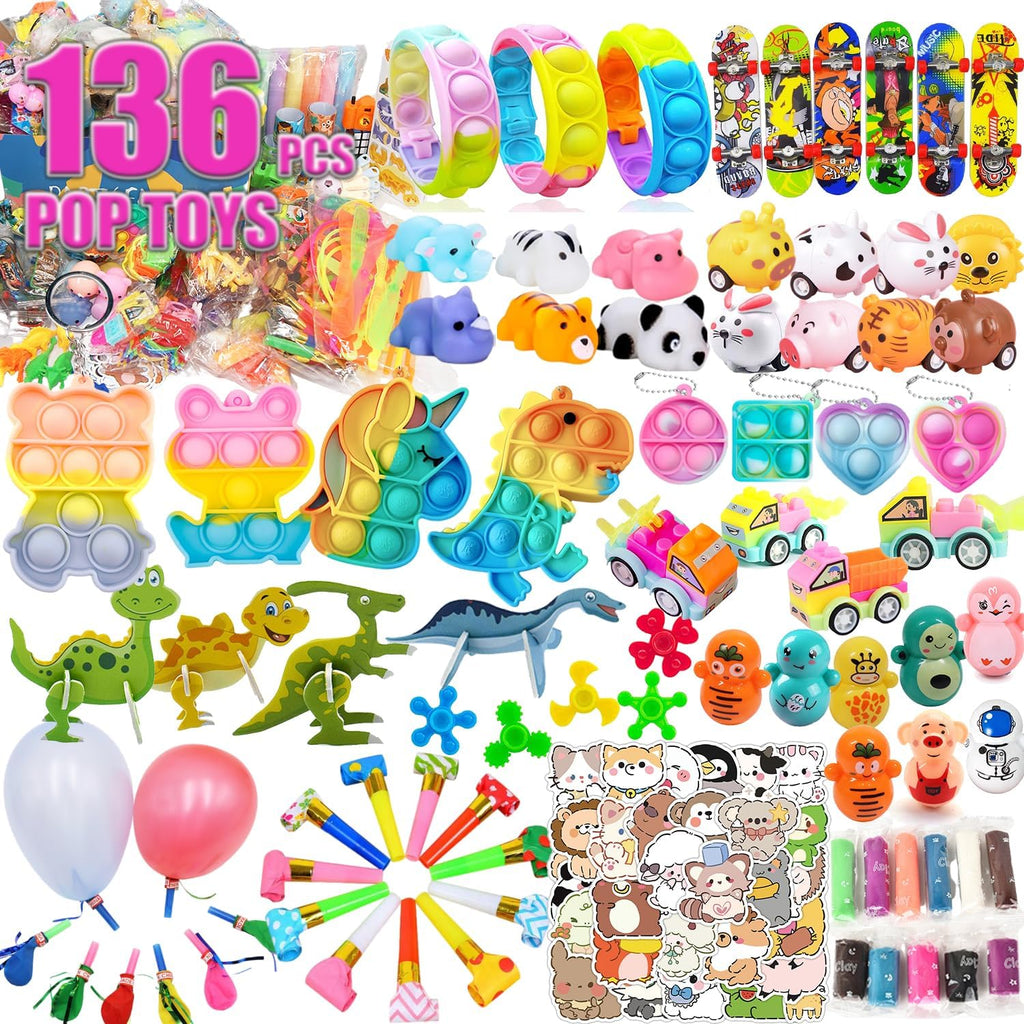 Skiennix 136 Pcs Kids Party Favors - 5-in-1 Classroom Prize Box for Ages 4-10 | Fidget Pop Its & Educational Toys