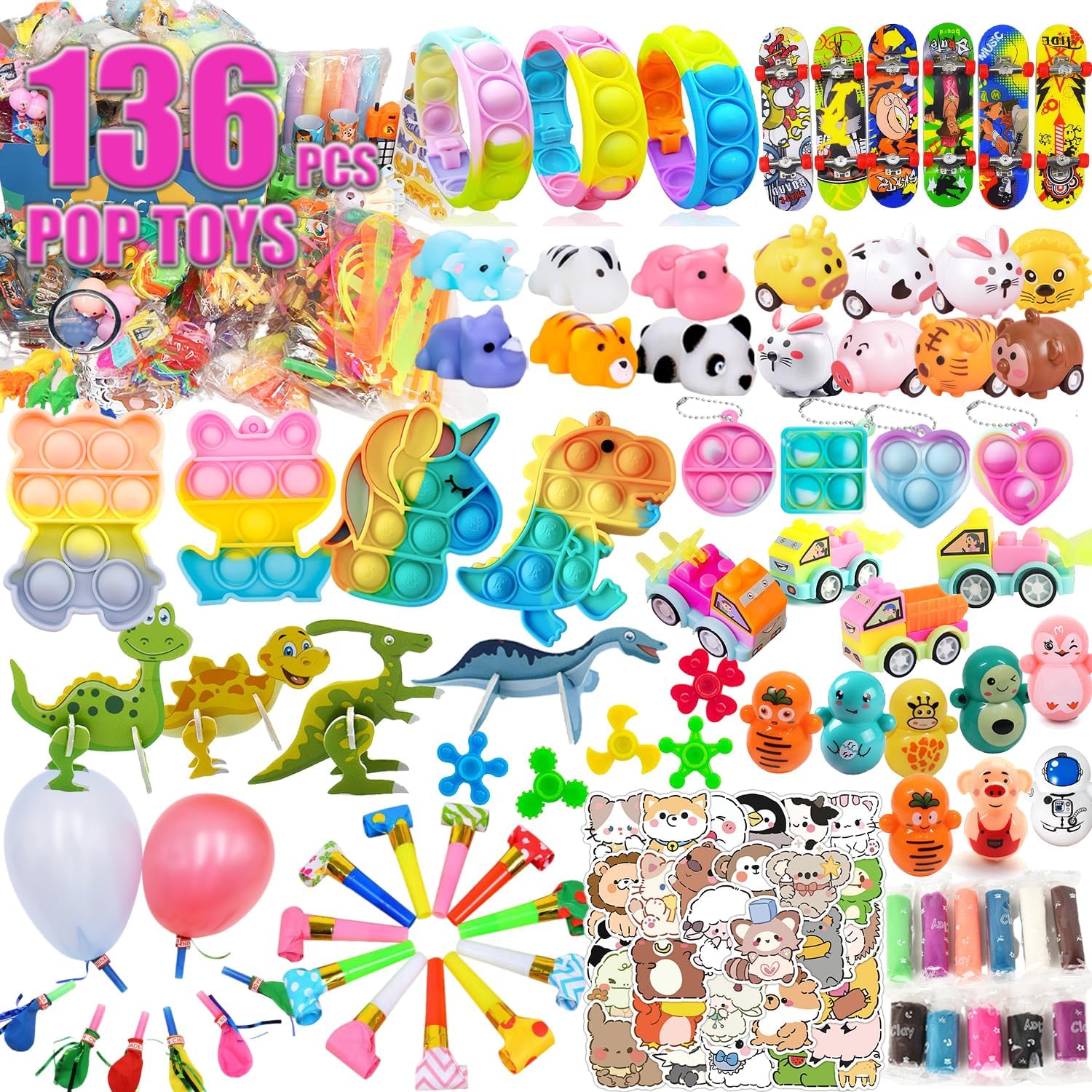 Skiennix 136 Pcs Kids Party Favors - 5-in-1 Classroom Prize Box for Ages 4-10 | Fidget Pop Its & Educational Toys