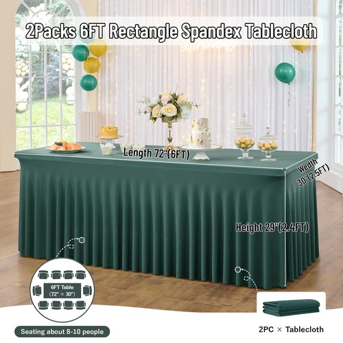 Hunter Green Spandex Table Clothes for 6 Foot Rectangle Tables, 2 Pack Wrinkle Free Rectangle Table Cloth 6ft Stretch Fitted Tablecloths with Skirt for Parties Weddings Birthday Banquet Baby Shower
