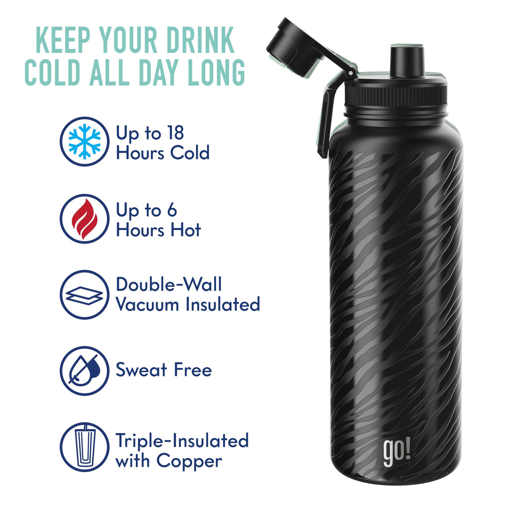 40oz Stainless Steel Sports Bottle with Triple Insulation & Copper Lining – Keeps Drinks Cold for 18 Hours & Hot for 6 – Threaded Lid with Attached Cap, Carrying Handle and Sweat-Free (Black Zebra)