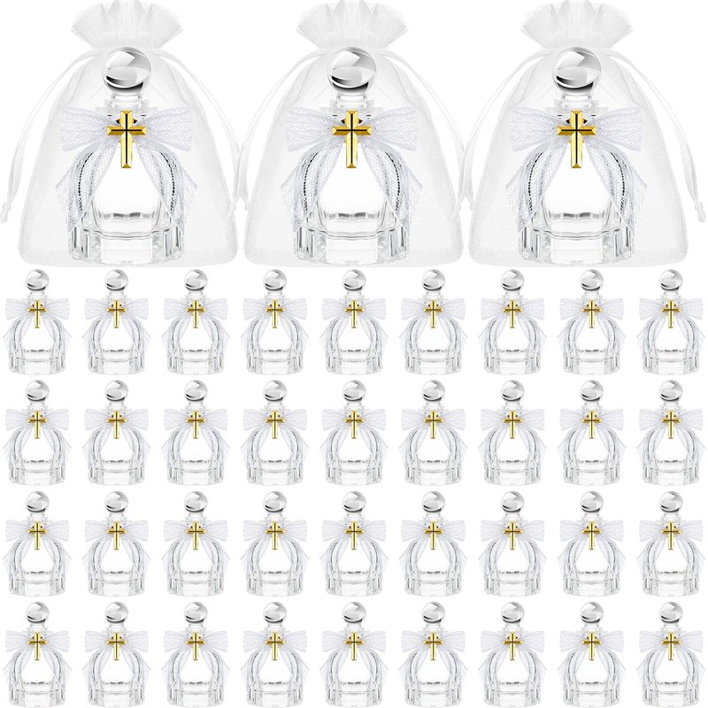 Newtay Holy Water Bottles Catholic Bulk Glass Baptism Favors for Guests Christian Water Container with Cross Organza Bags Bow for Holy Communion Gifts Church Wedding Baptism(White,48 Set)