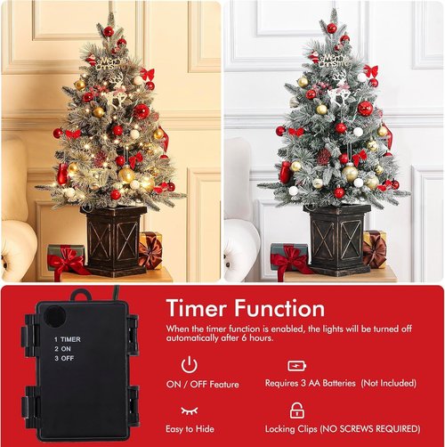 3ft Small Christmas Tree Pre-Lit Artificial Christmas Tree with 78 Led Lights, Snow Flocked Xmas Tree with X Brown Base, Timer Function, Battery Operated, for Home Christmas Decor