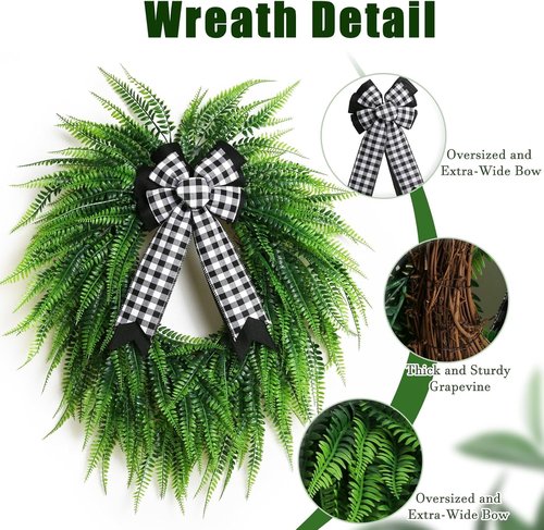 Boston Fern Leaf Wreath by [Brand Name] - 22" Spring/Summer Greenery for Front Door & Home Decor