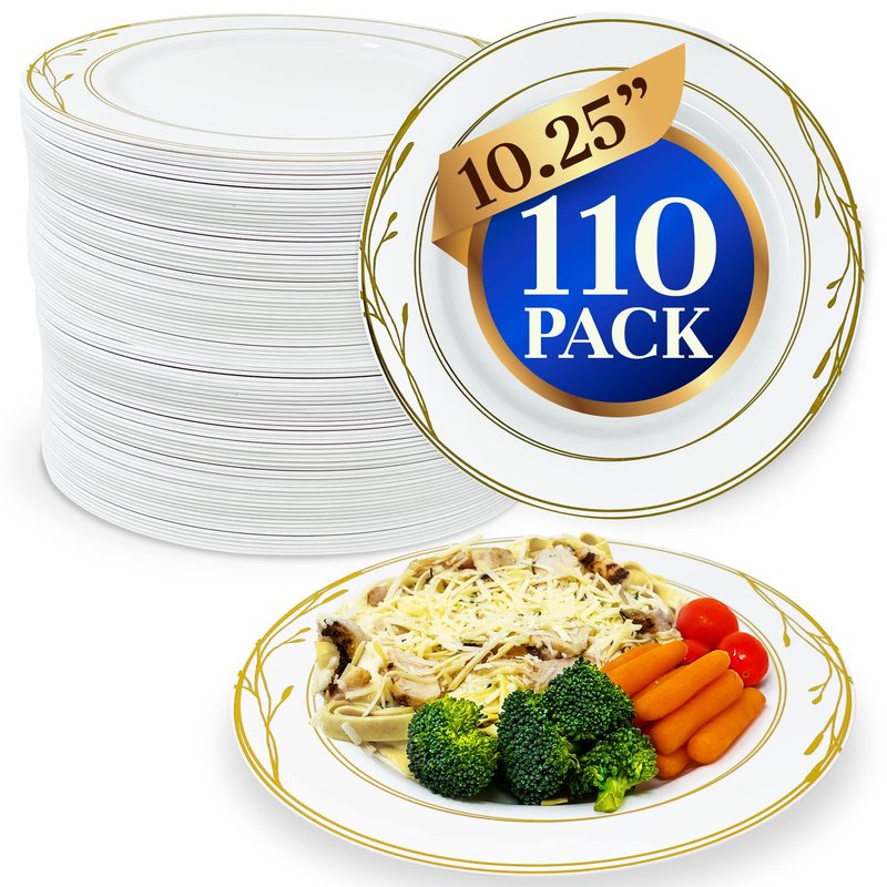 Reli. Disposable Plastic Plates, White & Gold Rim (110 Pcs, 10.25") | Hard Plastic Dinner Plate | Elegant, Heavy Duty Disposable Round Platters for Party, Wedding, Event, Christmas (Gold Trim)