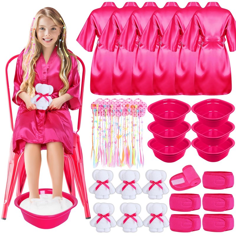 30 Pcs Kids Spa Party Supplies for Girls: Kids Satin Robes Salon Stuff Kit - 6 Robes 6 Basins 6 Makeup Headband 6 Towels 6 Hair Clip Braid - Foot Spa Sleepovers Slumber Birthday Favor (Rose Red)
