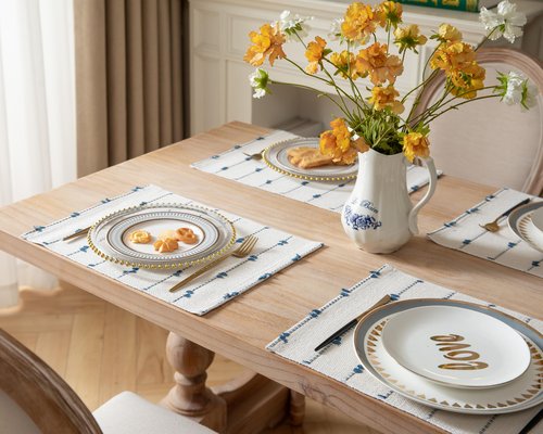 Boho Placemats Set of 6 for Dining Table Decor, Woven Cloth Place Mats for Farmhouse Rustic Kitche Home Decor, Cotton Placemats 13 x 19 Inch, Blue and Beige Table mats