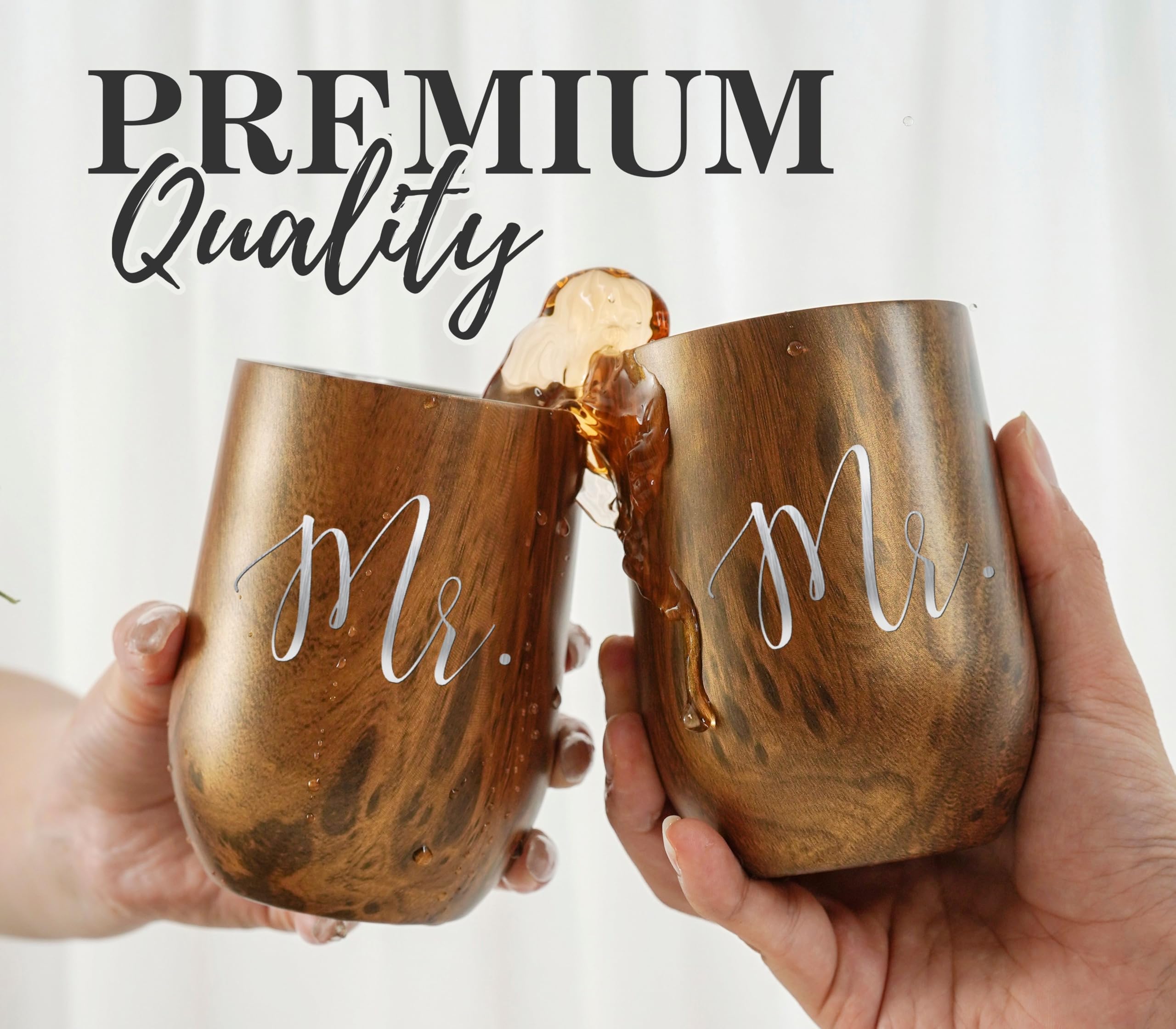 Onebttl Mr & Mr Gifts Tumbler Set - Stainless Steel 12oz/350ml with Lid - Wooden, Perfect for Wedding, Engagement, Valentine's Day, Anniversary & Newlyweds