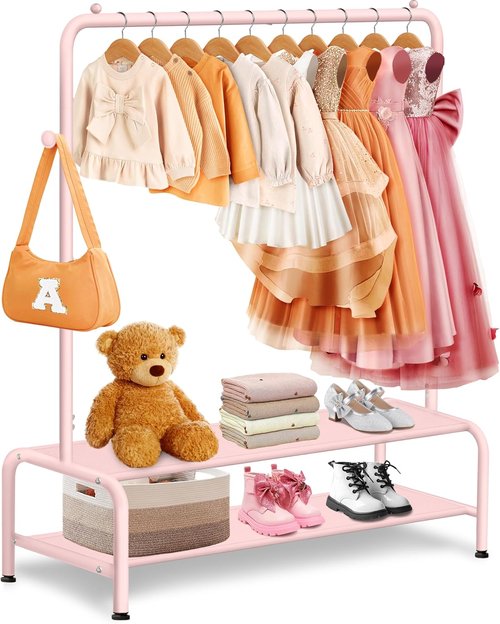 Mirolam Kids Clothing Rack - Dress Up Storage Solution for Little Girls - Small Costume Wardrobe with 2 Fabric Shelves