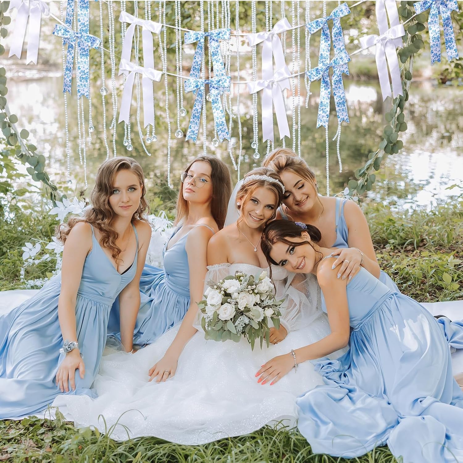Vintage Floral Bow Garland - 6.65 Ft Blue & White Satin Ribbon Banner for Weddings & Parties