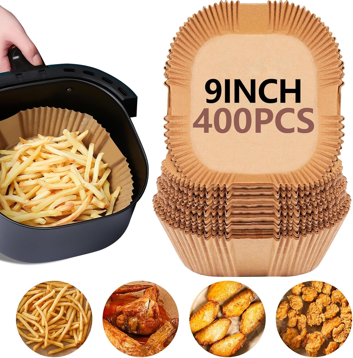 UBeesize Air Fryer Paper Liners - 400 PCS Non-Stick Parchment Sheets | 9 Inch Size, Bleach-Free