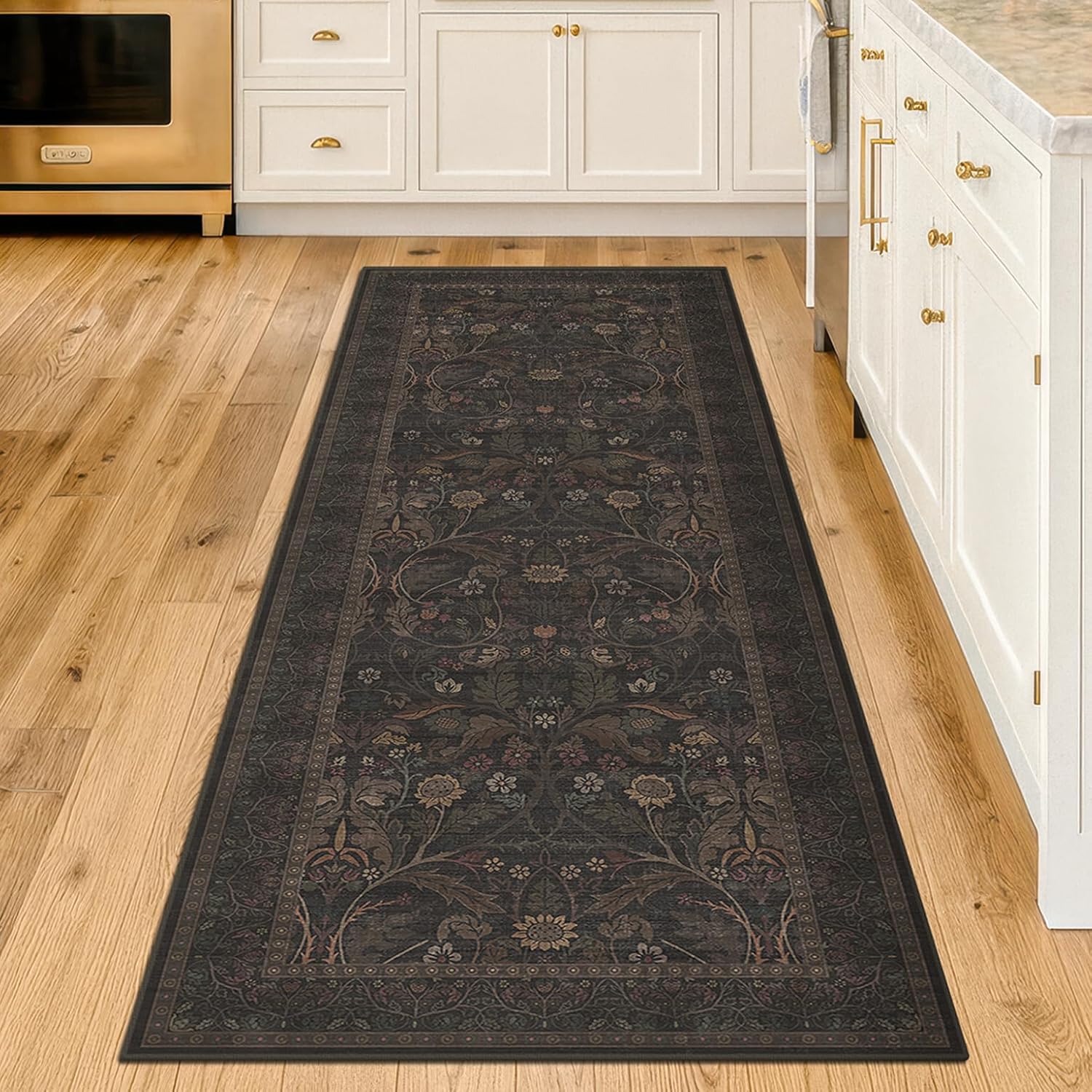 Regine Switzerland Washable 2x6 Kitchen Runner Rug - Non-Slip Dark Brown Floral Design for Farmhouse & Cabin