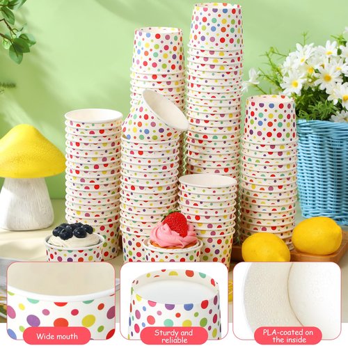 Honeydak 400 Pack 150 ml/ 5 oz Rainbow Polka Ice Cream Cups for Party Small Ice Cream Cups Disposable Treat Paper Cups Dessert Snacks Sundae Yogurt Container Wedding Birthday Party Supplies