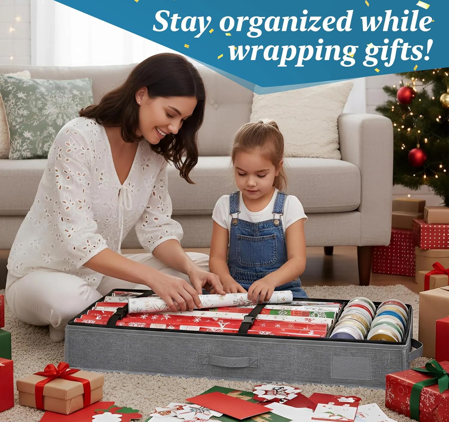Regine Switzerland Christmas Wrapping Paper Storage - Waterproof Organizer for 30 Rolls | Compact Gray Design