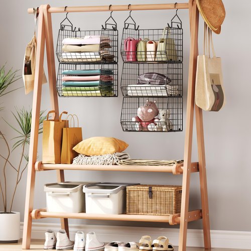 5 Tier Closet Hanging Organizer, Clothes Hanging Shelves with 4 Hanging Hooks 5 S Hooks, Wire Storage Basket Bins, for Clothing Sweaters Shoes Handbags Clutches Accessories Patent Design