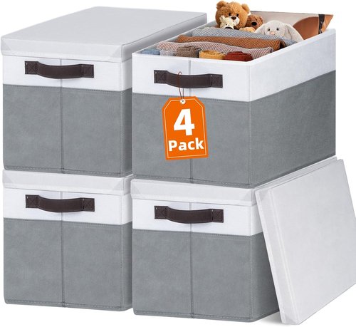 Extra Large Storage Baskets by [Brand Name] - 33 QT Stackable Organizers with Lids | 4 Pack for Living Room & Closet - 16x12 in