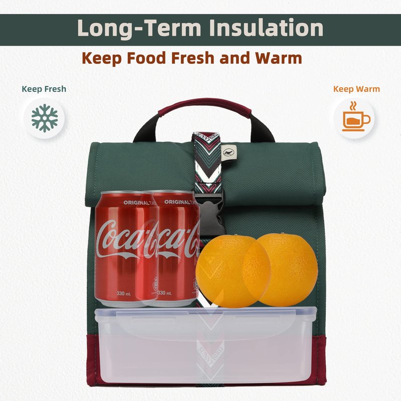SUNNY BIRD Insulated Lunch Bag Rolltop Lunch Box Tote Bag for Women, Men, Adults and Teens (Green with Boho strap)