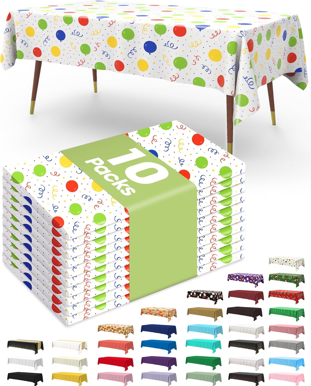 Pureegg Disposable Plastic Tablecloths - 10 Pack, 54 x 108 Inch, Sturdy & Leakproof for Parties | Rainbow Design