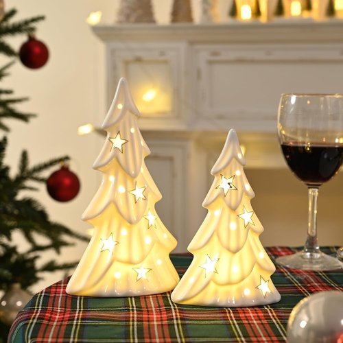 AOMOONOA Ceramic White Christmas Trees - 2Pcs Light-Up Tabletop Porcelain Xmas Tree Figurines for Modern Home Decor