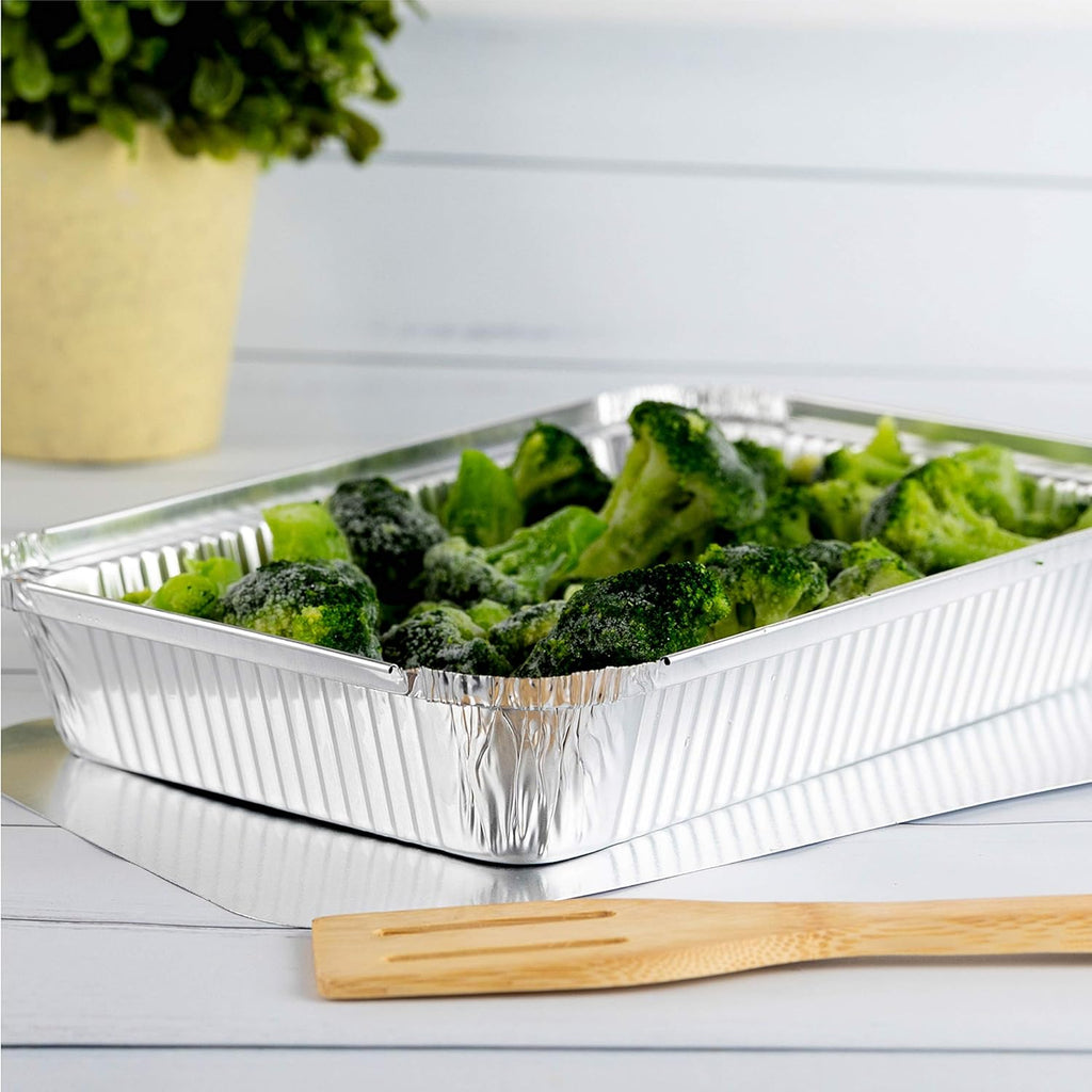 PLASTICPRO Disposable Aluminum Baking Pans - 4 LB Oblong Foil Containers with Cardboard Lids | 12'' x 8'' x 2'' - Ideal for Brownies, Bread, or Lunchboxes, Pack of 5