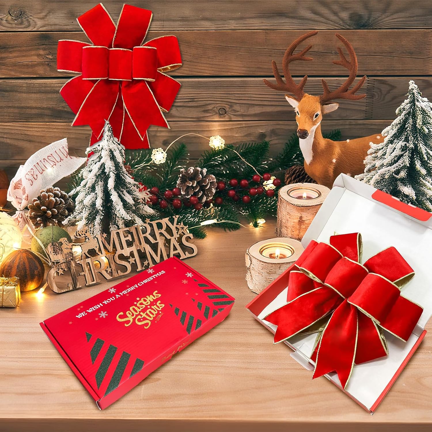 Red Velvet Christmas Bows - Gold Wired Decorative Bows for Wreaths, Trees & Outdoor Decor | Gift Box Included