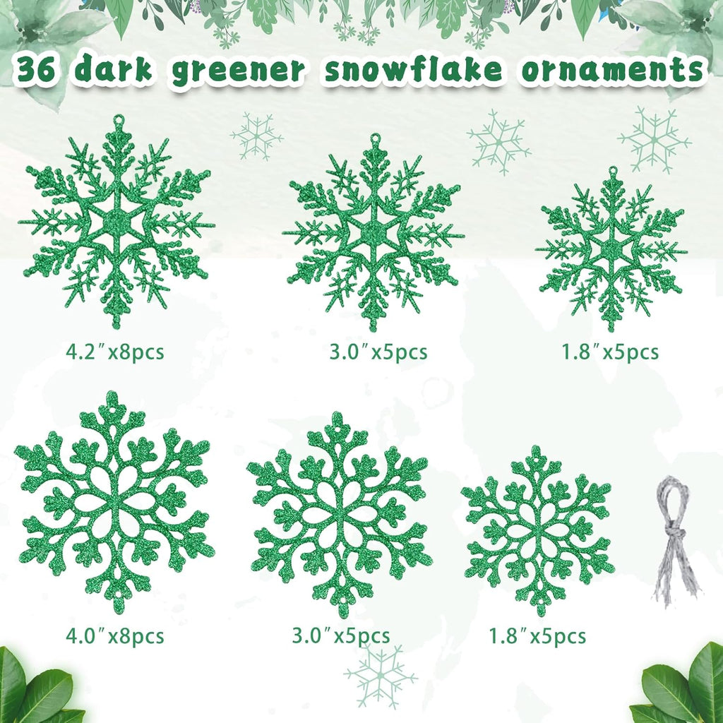 Skiennix Dark Green Christmas Snowflake Ornaments - 36 Pcs Glitter Hanging Decorations for Holiday Home Decor