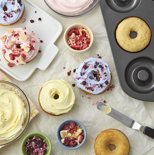 Lawei 2 Pack 12-Cavity Non-stick Donut Pan, Carbon Steel Donut Baking Pan for Muffin, Cake, Dessert, Mini Bagel Mold Donut Trays for Oven, Microwave, Freezer Safe