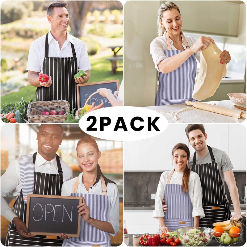BeLuyi 2 Pack Adjustable Bib Apron with 2 Pockets Chef Cooking Kitchen Restaurant Aprons for Women Men (Blue/Black Stripes)