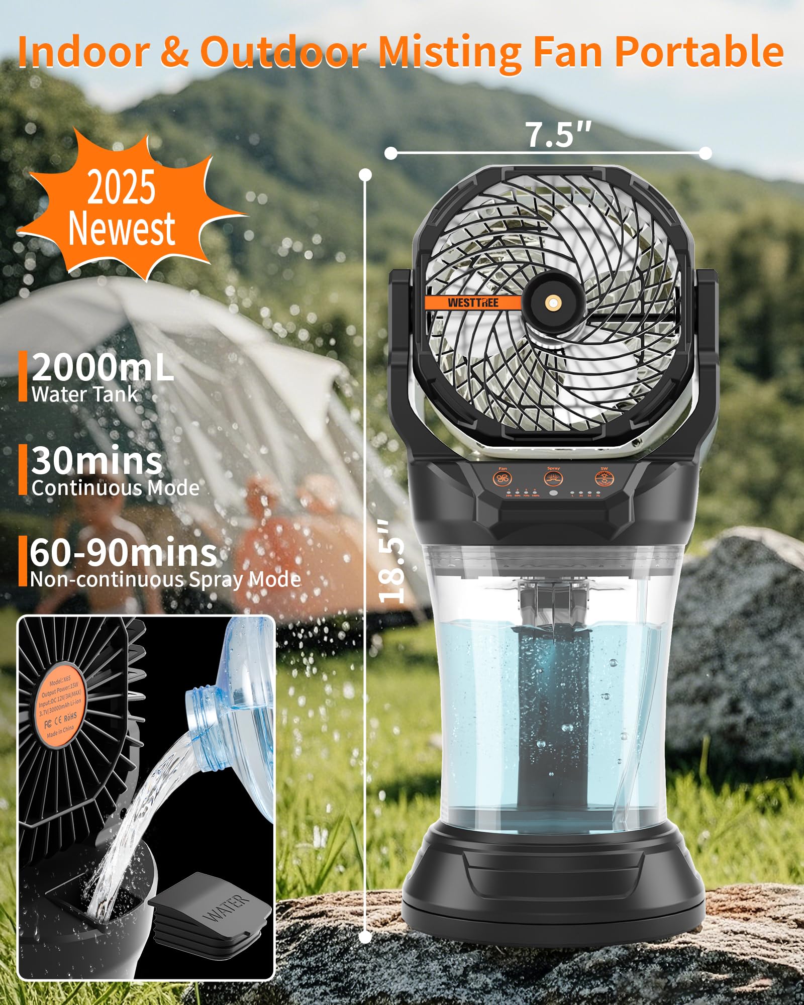 WESTTREE Portable Misting Fan with Large Battery Fan-Rechargeable Outdoor Misting Cooling Fans with 2L Water Tank,RGB Lights,4 Speeds & Spray Modes-for Patio, Camping, Beach, Workshop (Black)