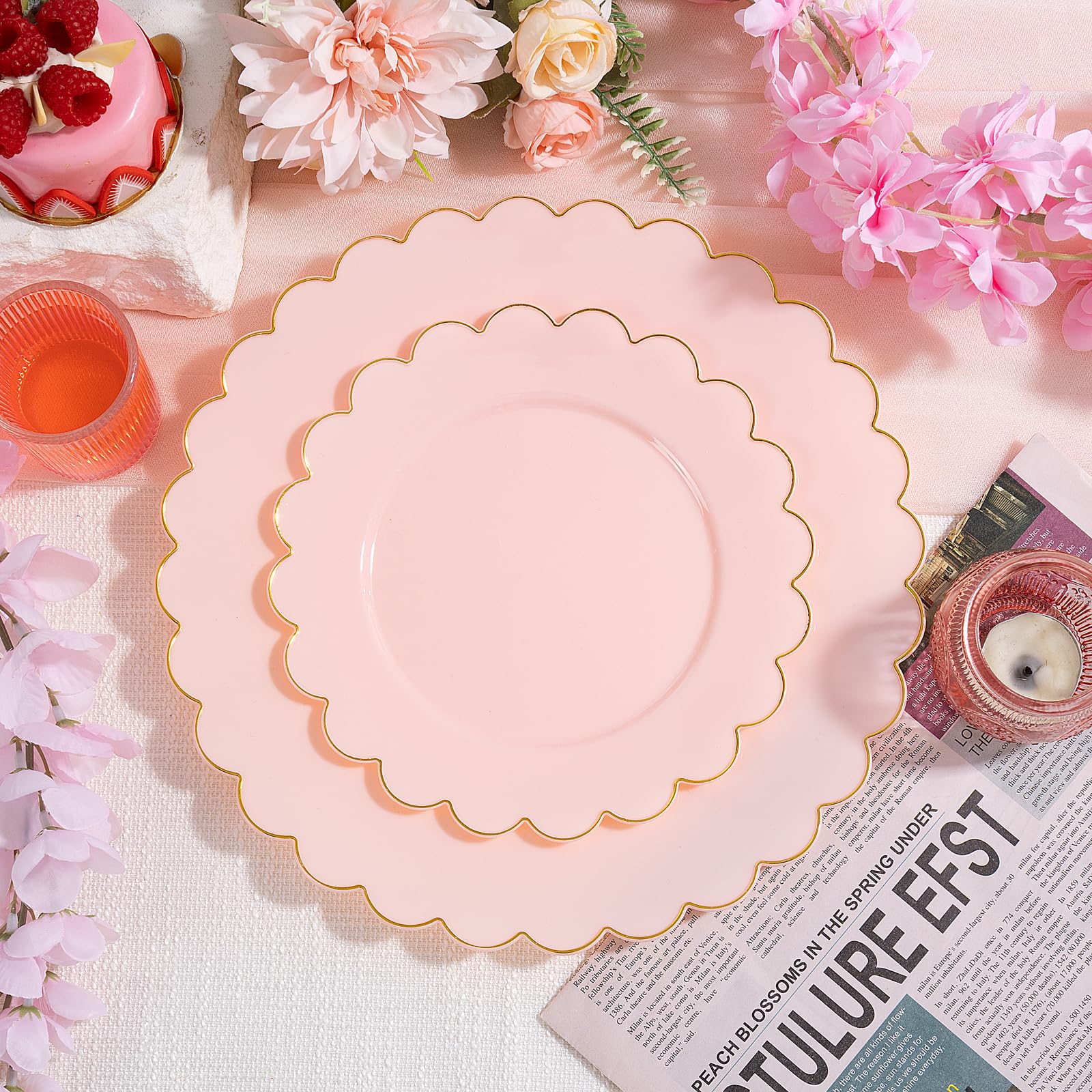 LIYH 120 Pcs Pink Plastic Plates Disposable Set Includes 60 Dinner Plate 10.25" & 60 Dessert Plate 7.5" with Elegant Gold Rim for Party Birthday Baby Shower Easter