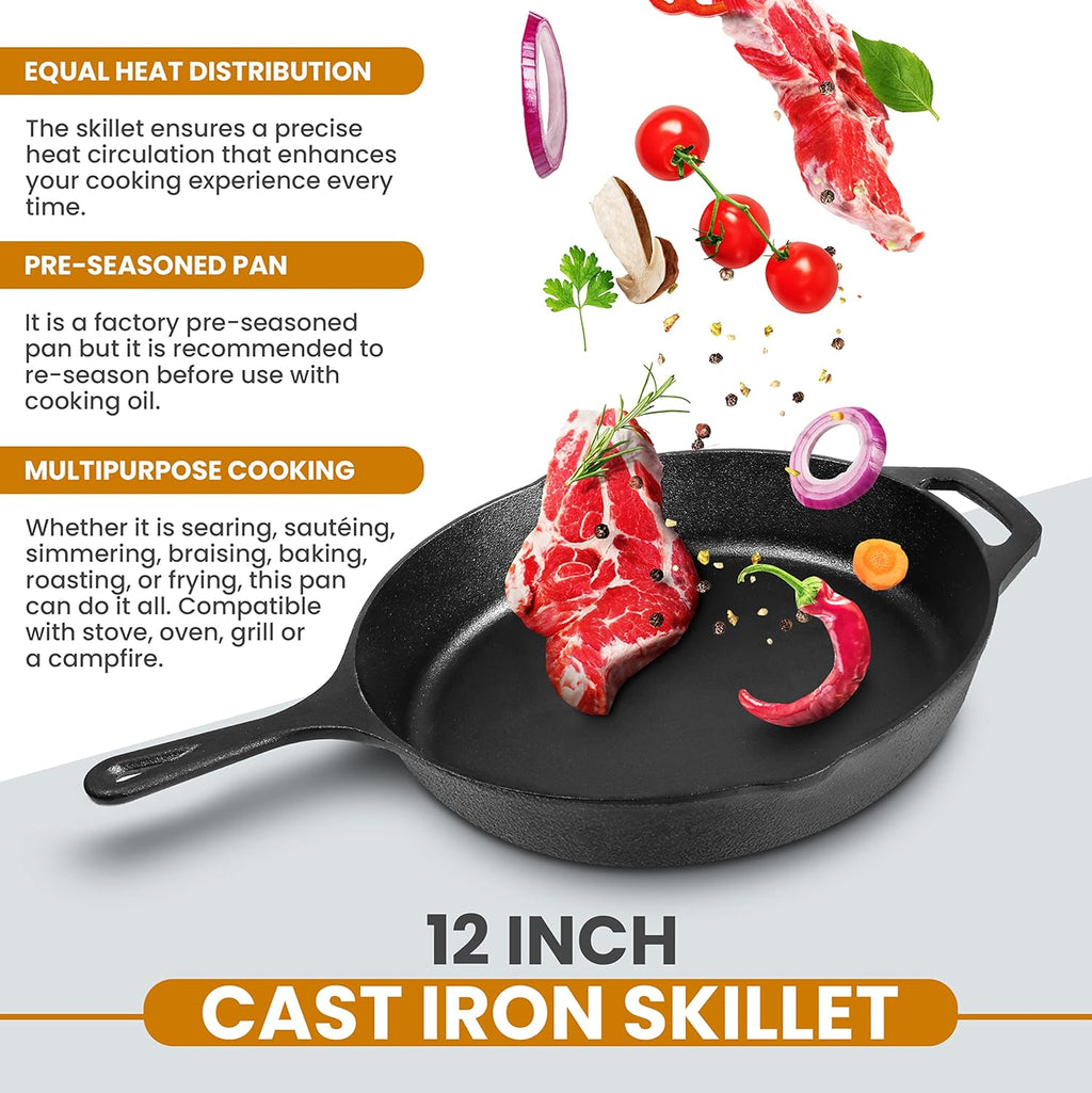 Utopia Kitchen 12-Inch Premium Cast Iron Frying Pan - Pre-Seasoned Skillet with Lid for Indoor & Outdoor Cooking