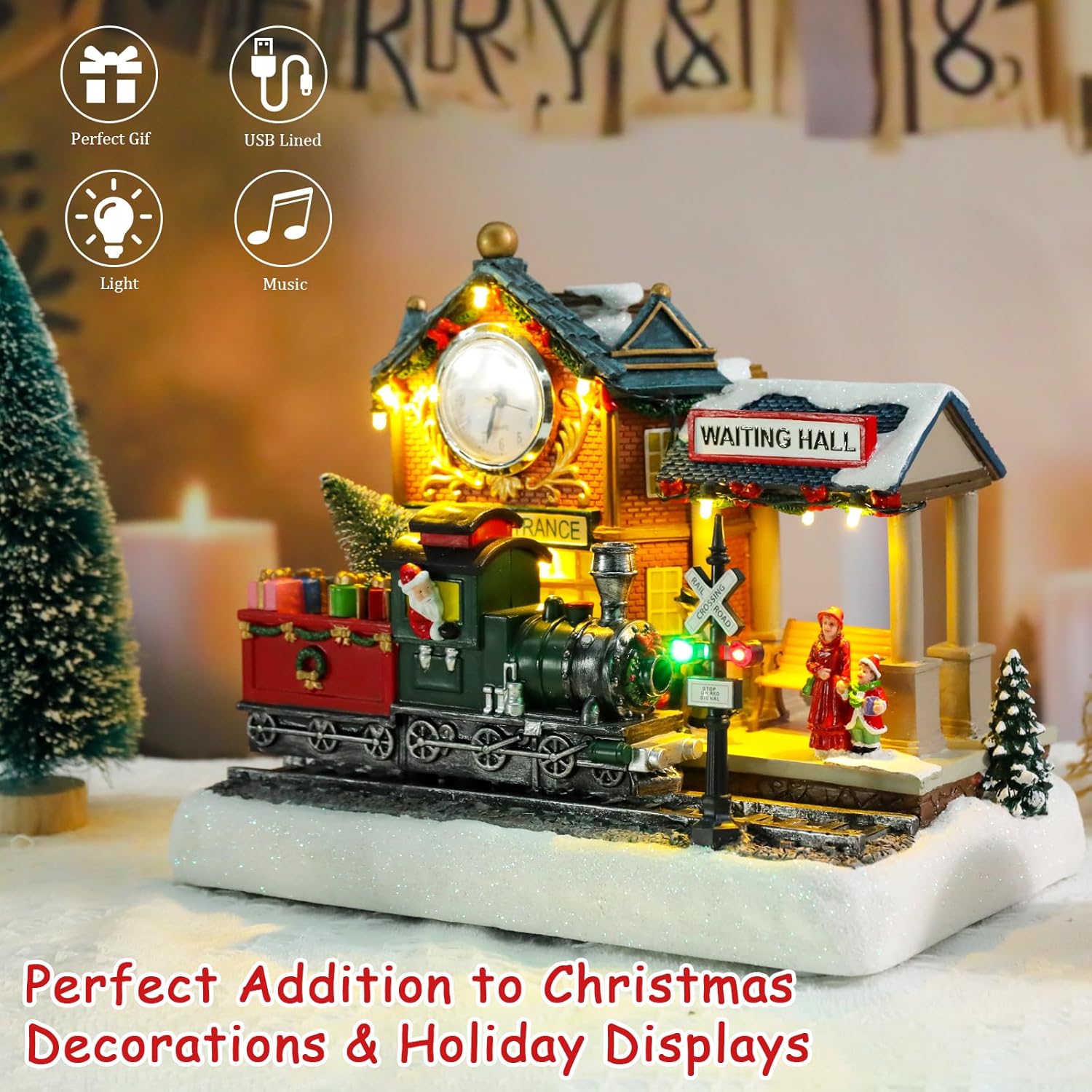 VCUTEKA Lighted Animated Christmas Village Train Station | Musical Santa Decor for Holiday Display