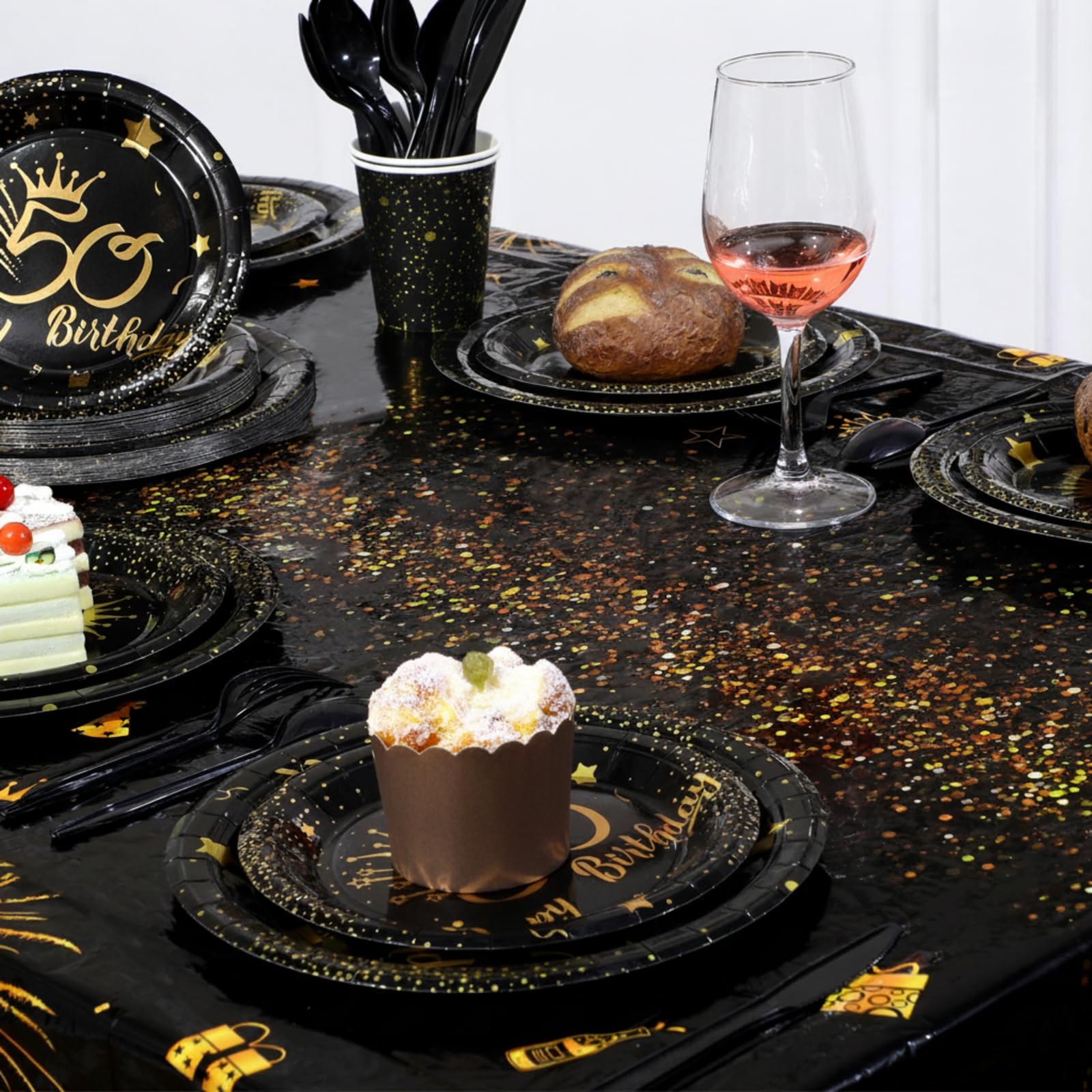 Remagr 6 Pack 50th Birthday Tablecloth Disposable Plastic Happy Birthday Table Cover Rectangular Black and Gold Table Cloths 50th Birthday Decorations Men Women, 54 x 108 Inch(50th)
