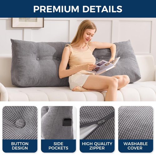 IASEAHK Headboard Pillow King, Triangle Pillows for Headboard, Head Board Backrest Wedge Pillow for Reading Sitting Working, Daybed Pillows with Removable Cover for Bed Dorm Sofa, Dark Grey